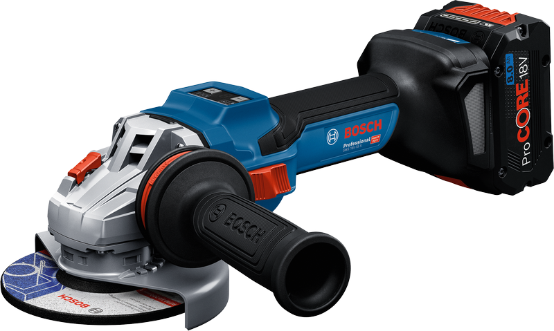 Bosch GWS 18V-15 S 측면 핸들이 달린 무선 각도 그라인더.