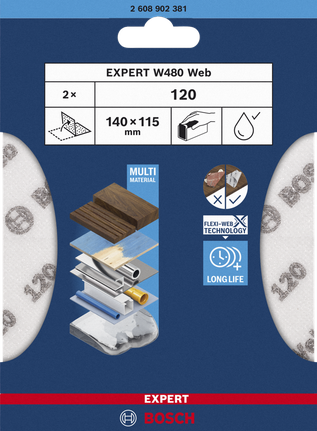 EXPERT W480 Web 1/4 핸드 샌딩 시트, 115 x 140mm, G120 Bosch 핸드 샌딩 시트 120 그릿.