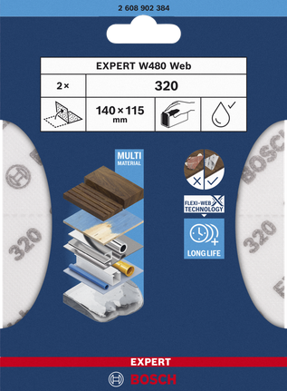EXPERT W480 Web 1/4 핸드 샌딩 시트, 115 x 140mm, G320 Bosch 샌딩 시트 320 그릿.