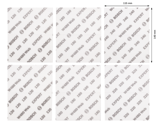 EXPERT W480 Web 1/4 핸드 샌딩 시트 세트, 115 x 140mm, G120(2x); G180(2x); G240(1x); G320(1x), 6개 Bosch EXPERT W480 웹 1/4 핸드 샌딩 시트 세트 6개.
