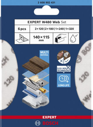 EXPERT W480 Web 1/4 핸드 샌딩 시트 세트, 115 x 140mm, G120(2x); G180(2x); G240(1x); G320(1x), 6개 Bosch EXPERT W480 핸드 샌딩 시트 세트 140×115mm.