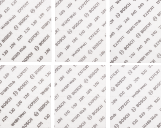 EXPERT W480 Web 1/4 핸드 샌딩 시트 세트, 115 x 140mm, G120(2x); G180(2x); G240(1x); G320(1x), 6개 Bosch EXPERT W480 샌딩 시트 다양한 그릿 세트.