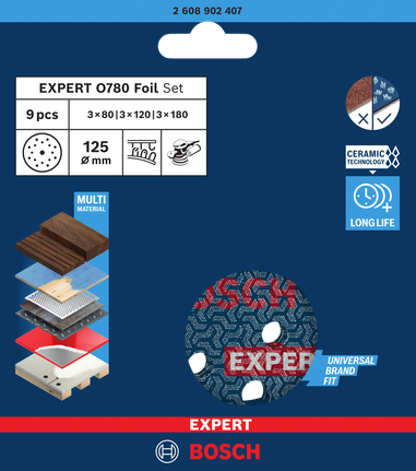 EXPERT O780 포일 샌딩 디스크 세트, 125mm, G80(3개), G120(3개), G180(3개), 총 9개 Bosch EXPERT O780 포일 샌딩 디스크 세트 125mm 9개.