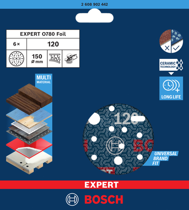 EXPERT O780 포일 샌딩 디스크, 150mm, G120 Bosch 150mm 120그릿 샌딩 디스크