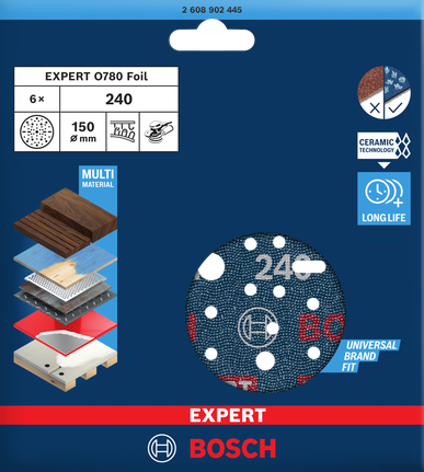 EXPERT O780 포일 샌딩 디스크, 150mm, G240 Bosch 150mm EXPERT O780 포일 샌딩 디스크 G240