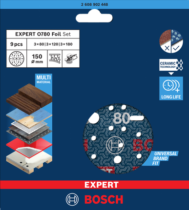 EXPERT O780 포일 샌딩 디스크 세트, 150mm, G80(3개), G120(3개), G180(3개), 총 9개 Bosch EXPERT O780 포일 샌딩 디스크 세트 150mm.