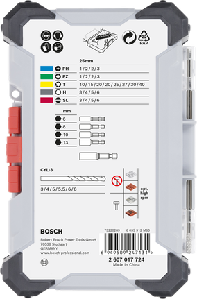 Bosch 35피스 비트 및 드릴 세트 디스플레이.