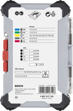 Bosch 35피스 초경 드라이버 비트와 PRO Wood 드릴 비트 세트.