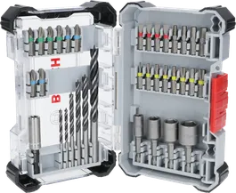 Bosch 35피스 초경 드라이버 비트와 PRO 목재 드릴 비트 세트가 전시되어 있습니다.