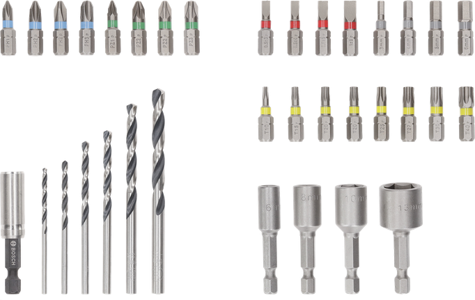 Bosch 초경 드라이버 비트와 금속 HSS 드릴 비트 세트, 35개 전시.