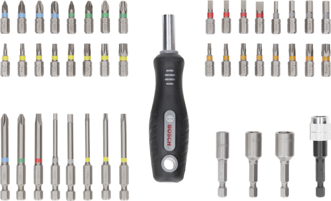 Bosch 엑스트라 하드 스크루드라이버 비트 세트 44+1개 및 손잡이.
