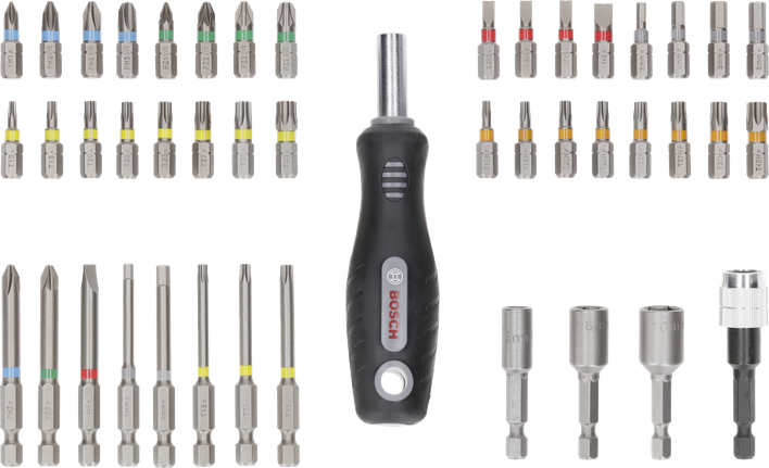 Bosch 엑스트라 하드 스크루드라이버 비트 세트 44+1개 및 손잡이.