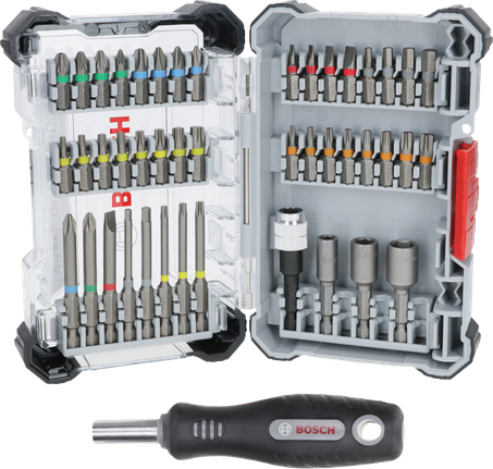 Bosch 엑스트라 하드 스크루드라이버 비트 세트 44+1개가 케이스에 들어 있습니다.