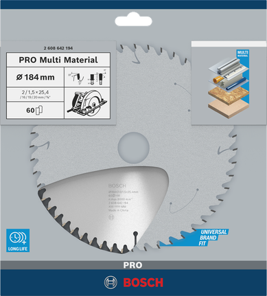 PRO Multi Material 원형 톱날, 184 x 2 x 25.4mm Bosch 184mm 다중 소재 톱날.