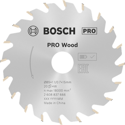 PRO Wood cordless 원형 톱날, 85 x 1.1 x 15mm Bosch PRO Wood 무선 원형 톱날, 85mm 20T.