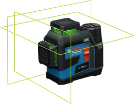 Bosch GLL 12V-100-33 CG 녹색 빔이 장착된 레이저 레벨링 도구.