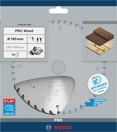 PRO Wood cordless 원형 톱날, 165 x 1.5 x 20mm, T36 Bosch PRO Wood 165×1.5×20 mm T36 원형 톱날.