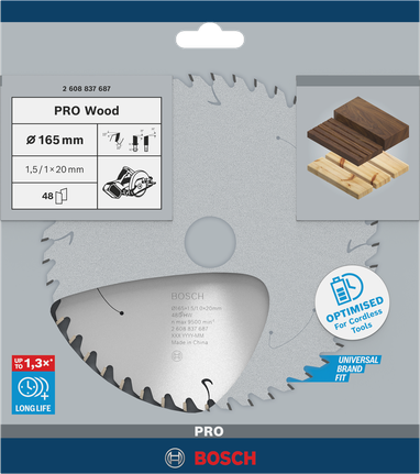 PRO Wood cordless 원형 톱날, 165 x 1.5 x 20mm, T48 Bosch PRO Wood 165×1.5×20mm 48T 톱날.