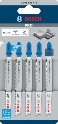 PRO Metal thick and thin T123XF 직쏘날, 100mm, 5개 Bosch PRO 메탈 두껍고 얇은 T123XF 톱날 100mm 5개.