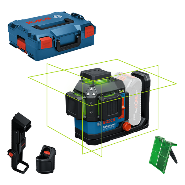 Bosch GLL 18V-120 레이저 레벨링 도구, 케이스 및 액세서리 포함.