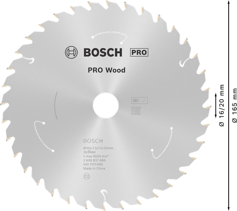 PRO Wood cordless 원형 톱날, 165 x 1.5 x 20mm, T36 Bosch PRO Wood 원형 톱날 165mm 36개 이빨.