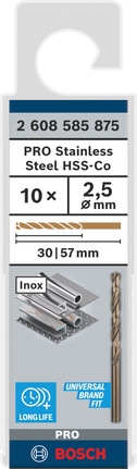 Bosch PRO 스테인리스 스틸 HSS-Co 2.5mm 드릴 비트 세트.