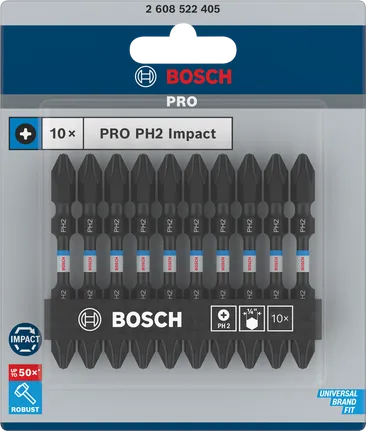 PRO Softwood and Stainless Steel 긴 홈 양면 Impact 비트, PH2, 65mm, 10개 Bosch PRO PH2 65mm 임팩트 비트 10개입.