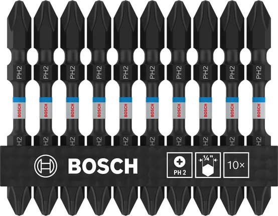 PRO Softwood and Stainless Steel 긴 홈 양면 Impact 비트, PH2, 65mm, 10개 Bosch PRO 소프트우드 및 스테인리스 스틸 PH2 양단 비트, 10개 팩.