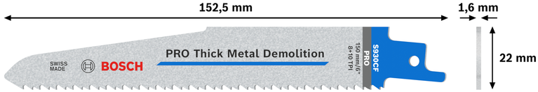 PRO Thick Metal Demolition S930CF 날, 1.6 x 22 x 150mm, 5개 Bosch PRO 두꺼운 금속 파괴용 S930CF 블레이드, 150mm.