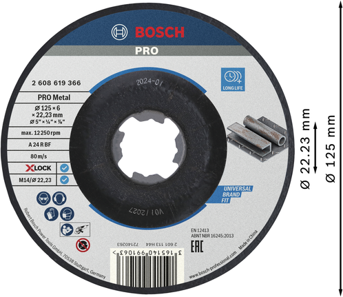 PRO Metal 본딩 연마 디스크, 125 x 6 x 22.23mm, X-Lock Bosch PRO 메탈 본딩 연삭 디스크 X-Lock 125mm.