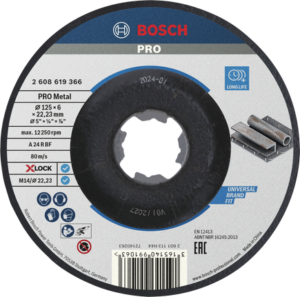 PRO Metal 본딩 연마 디스크, 125 x 6 x 22.23mm, X-Lock Bosch PRO 메탈 본디드 연삭 디스크 X-Lock 125mm.