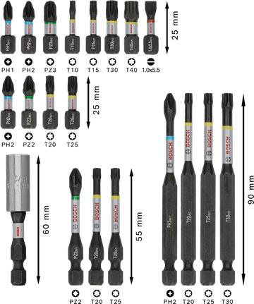 Bosch PRO 임팩트 드라이버 비트 세트 20개, 색상별 구분.