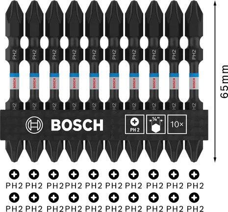 PRO Softwood and Stainless Steel 긴 홈 양면 Impact 비트, PH2, 65mm, 10개 Bosch PRO PH2 양쪽 끝 임팩트 비트 65mm, 10개 팩.