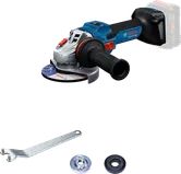 액세서리가 포함된 Bosch GWS 18V-15 S 무선 각도 그라인더.