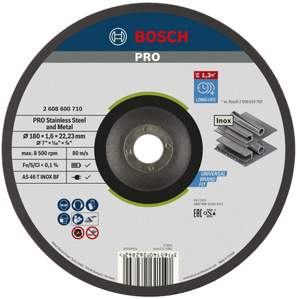 PRO Stainless Steel and Metal 본딩 절단석, 180 x 1.6 x 22.23 mm, 옵셋 포함, oSa Bosch PRO 스테인리스 스틸 및 금속 절단 디스크 180mm.