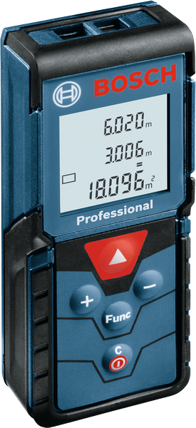 디지털 디스플레이가 장착된 Bosch GLM 40 레이저 측정기.