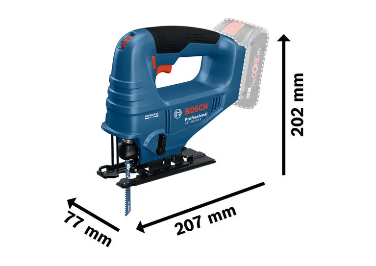 치수 표시 기능이 있는 Bosch GST 18V-95 B 무선 직소.