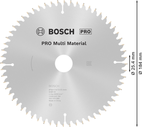 PRO Multi Material 원형 톱날, 184 x 2 x 25.4mm Bosch PRO 다중 소재 원형 톱날 184mm.