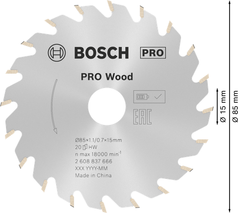 PRO Wood cordless 원형 톱날, 85 x 1.1 x 15mm Bosch PRO Wood 무선 원형 톱날 85mm.