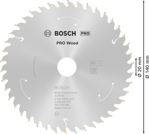 PRO Wood cordless 원형 톱날, 140 x 1.5 x 20mm, T42 Bosch PRO Wood 무선 원형 톱날, 140mm 42T.