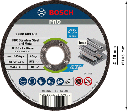 PRO Stainless Steel and Metal 절단석, 105 x 1 x 16mm Bosch PRO 스테인리스 스틸 및 금속 절단 디스크 105mm.