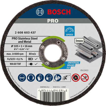 PRO Stainless Steel and Metal 절단석, 105 x 1 x 16mm Bosch PRO 스테인리스 스틸 및 금속 절단 디스크 105mm.