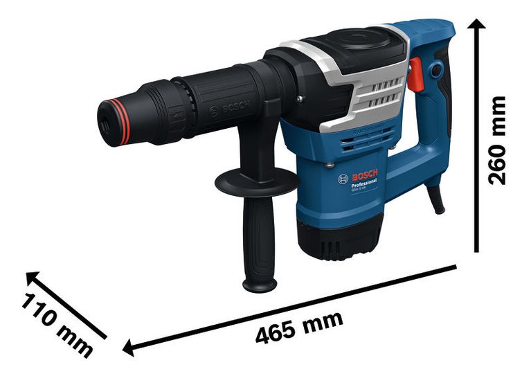 육각형 섕크가 있는 Bosch GSH 5 HX 파괴 망치, 치수가 표시되어 있습니다.