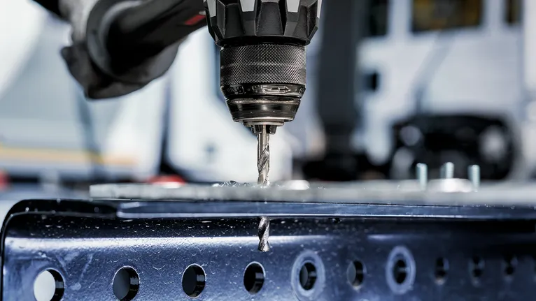 산업 현장에서 금속 표면에 구멍을 뚫는 드릴입니다.