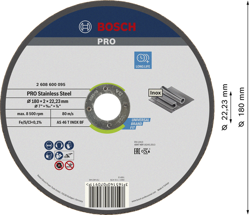 Bosch PRO 스테인리스 스틸 절단 디스크 180x2x22.23mm.