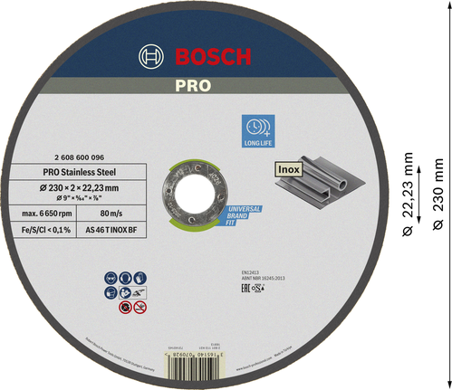 Bosch PRO 스테인리스 스틸 절단 디스크 230mm, 장수명.