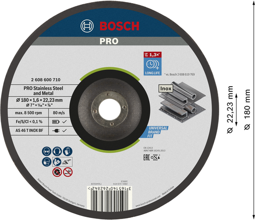 PRO Stainless Steel and Metal 본딩 절단석, 180 x 1.6 x 22.23 mm, 옵셋 포함, oSa Bosch PRO 스테인리스 스틸 절단 디스크, 180mm.