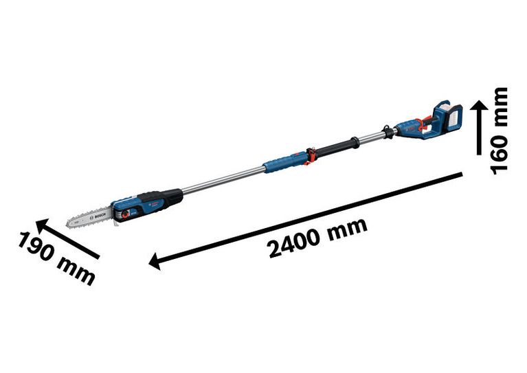 치수가 표시된 Bosch GKE 18V-25 TP 무선 망원 가지치기 기계.