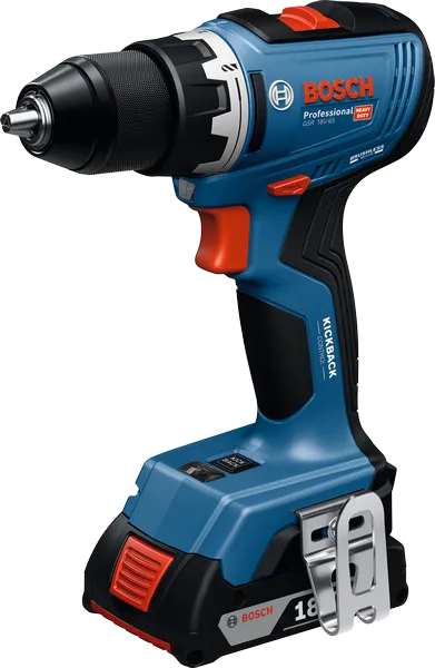 벨트 클립이 있는 Bosch GSR 18V-65 무선 전동 드릴.