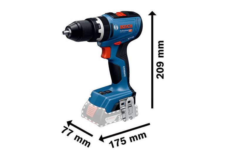 Bosch GSB 18V-65 무선 드릴, 높이 209mm.